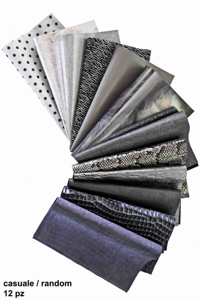 Leather SHEET BLACK, pre cut leather pieces random selection, mix metallic,  printed cut off