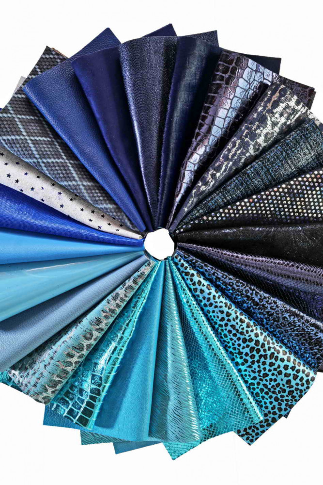 Leather SHEET BLUE, pre cut leather pieces random selection, mix metallic,  printed cut off