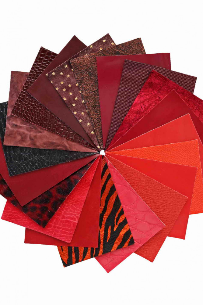 Stock of MIXED PIECES red and burgundy, pre cut leather hide, printed, metallic random selection, 5x6" / 15x12 cm