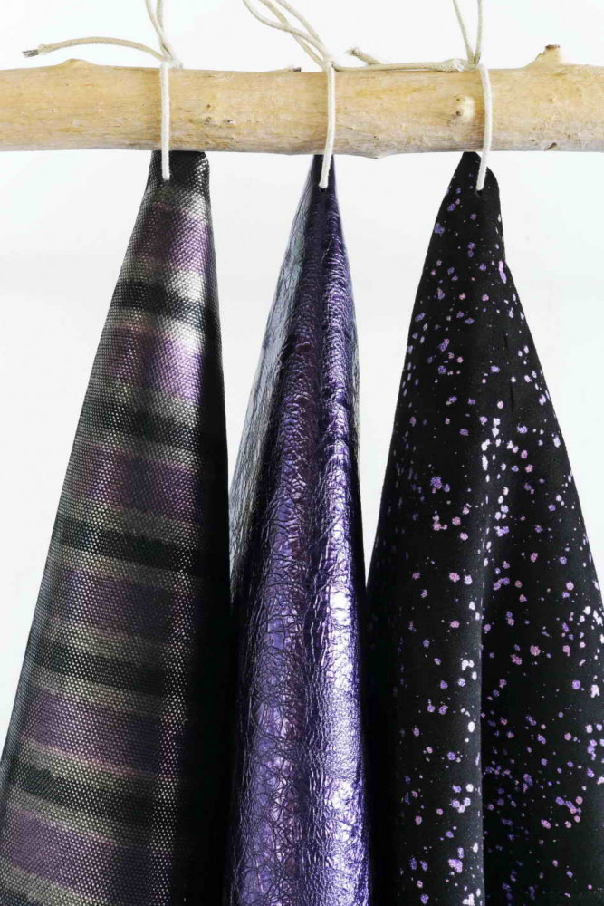 PURPLE LEATHER hides, printed, metallic violet leather, lot of 3 matching skin