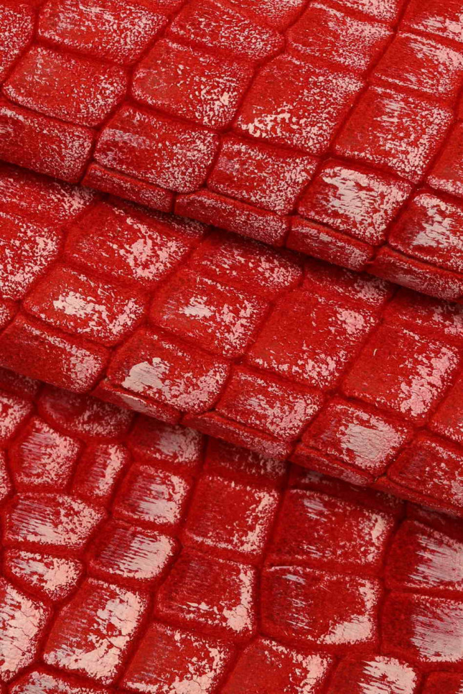 Red white CROCO PRINTED leather hide, suede effect crocodile embossed  calfskin, vintage soft cowhide