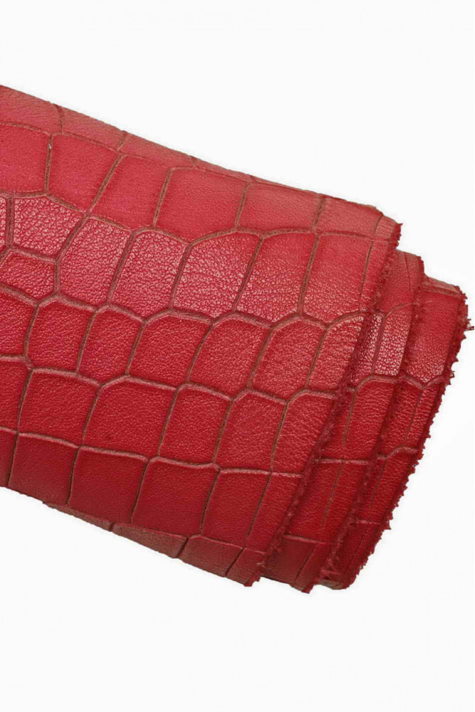 Red white CROCO PRINTED leather hide, suede effect crocodile embossed  calfskin, vintage soft cowhide
