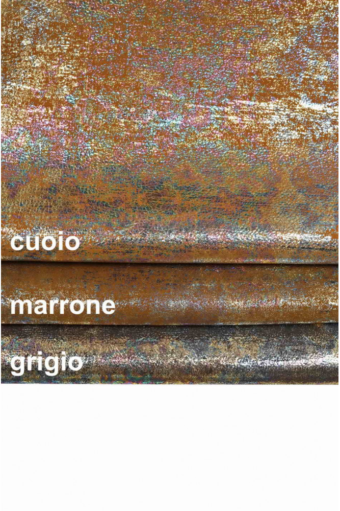 PELLE LAMINATA oleografica grigio, cuoio e marrone, vitellino effetto camoscio metallizzato, super lucido, morbido