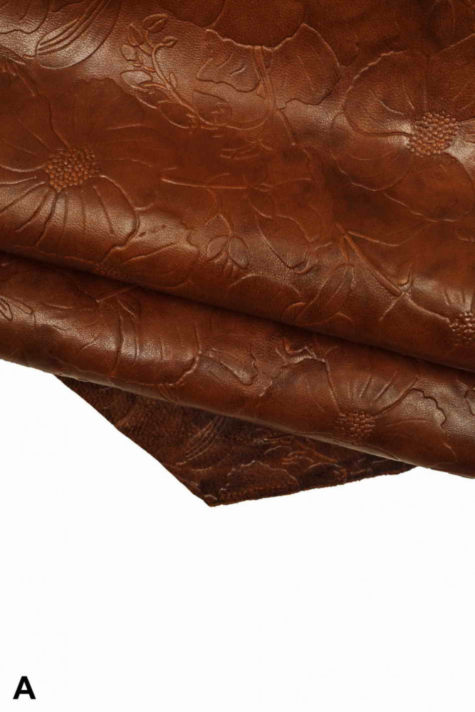 BROWN FLORAL embossed leather skin, brown washed, vegetable sheepskin with flower print, medium softness