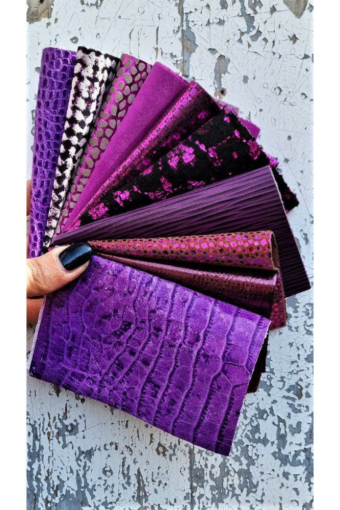 10 Selected leather scraps, PURPLE and FUCHSIA tones, mix colorful and printed selection pre-cut leather remnants as per picture