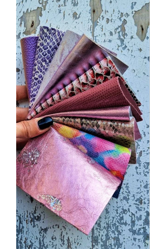 10 Selected leather scraps, color PINK and PURPLE printed, foils, mix colorful selection pre-cut leather remnants as per picture
