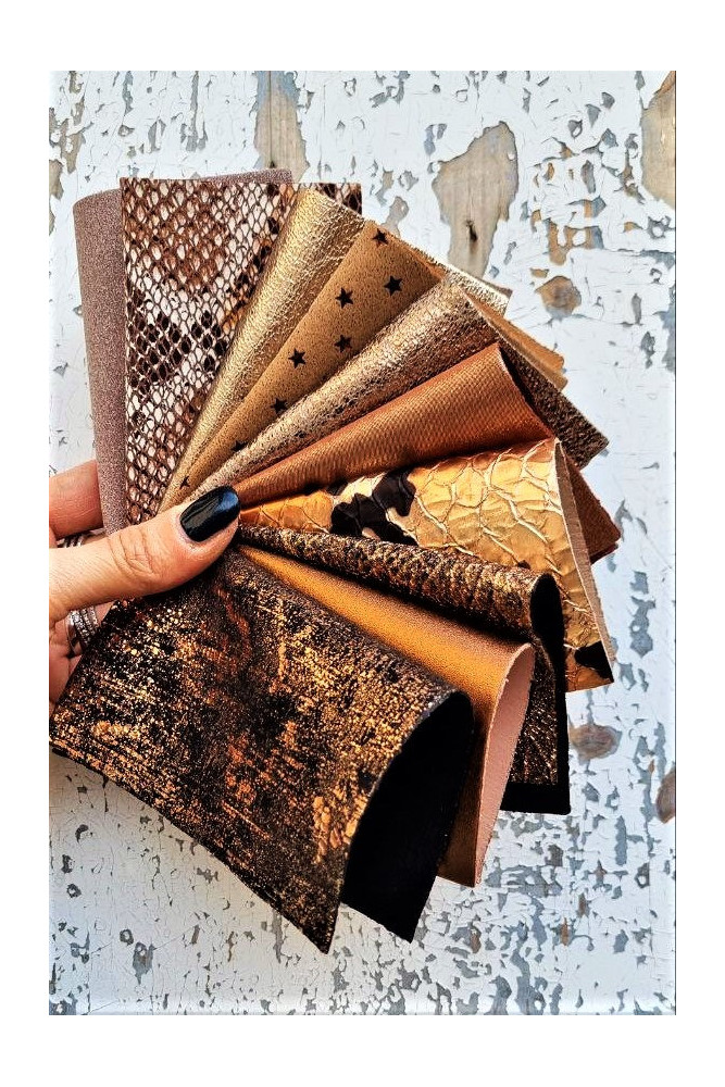 10 Selected leather scraps, GOLD and BRONZE colors, printed various, mix  selection pre-cut leather remnants as per picture