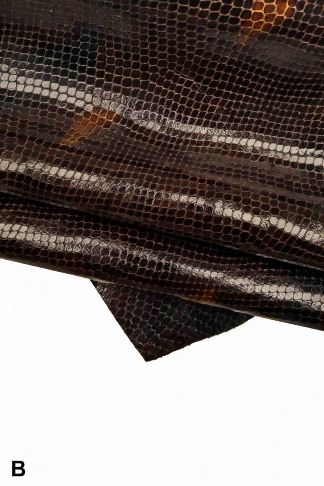 Brown green yellow PYTHON printed leather skin, snake textured soft goatskin, reptile print glossy hide