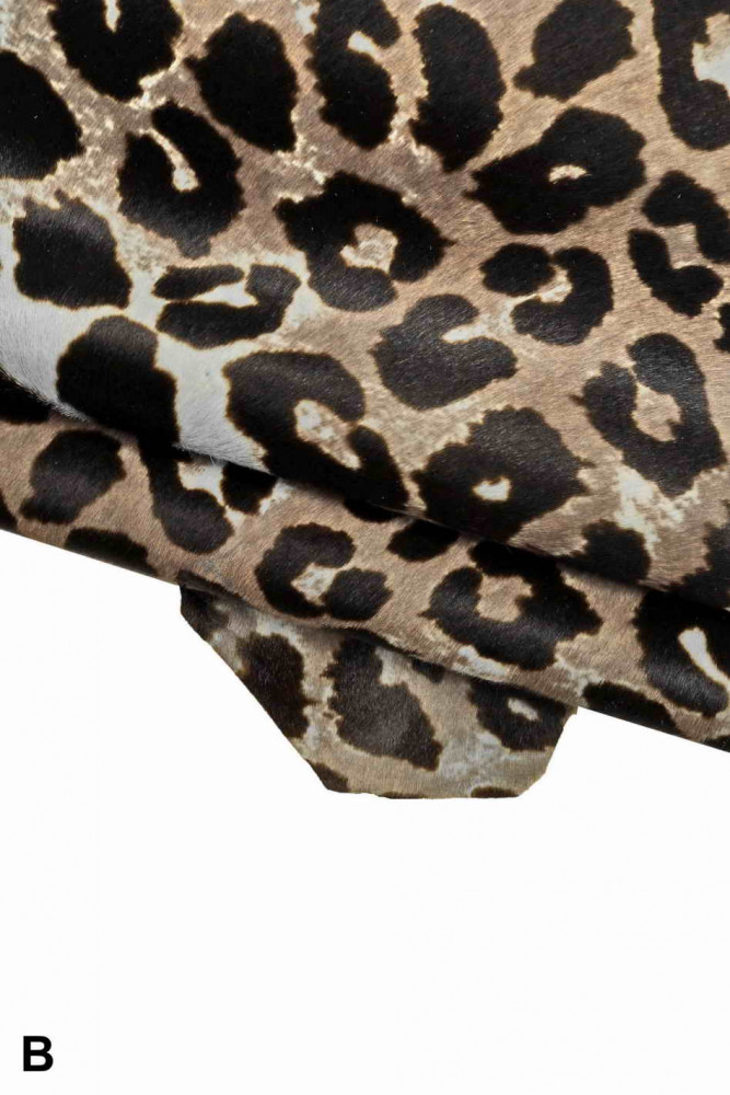 Pelle di CAVALLINO stampa leopardo, vitello effetto pony disegno animalier, pellame con pelo morbido