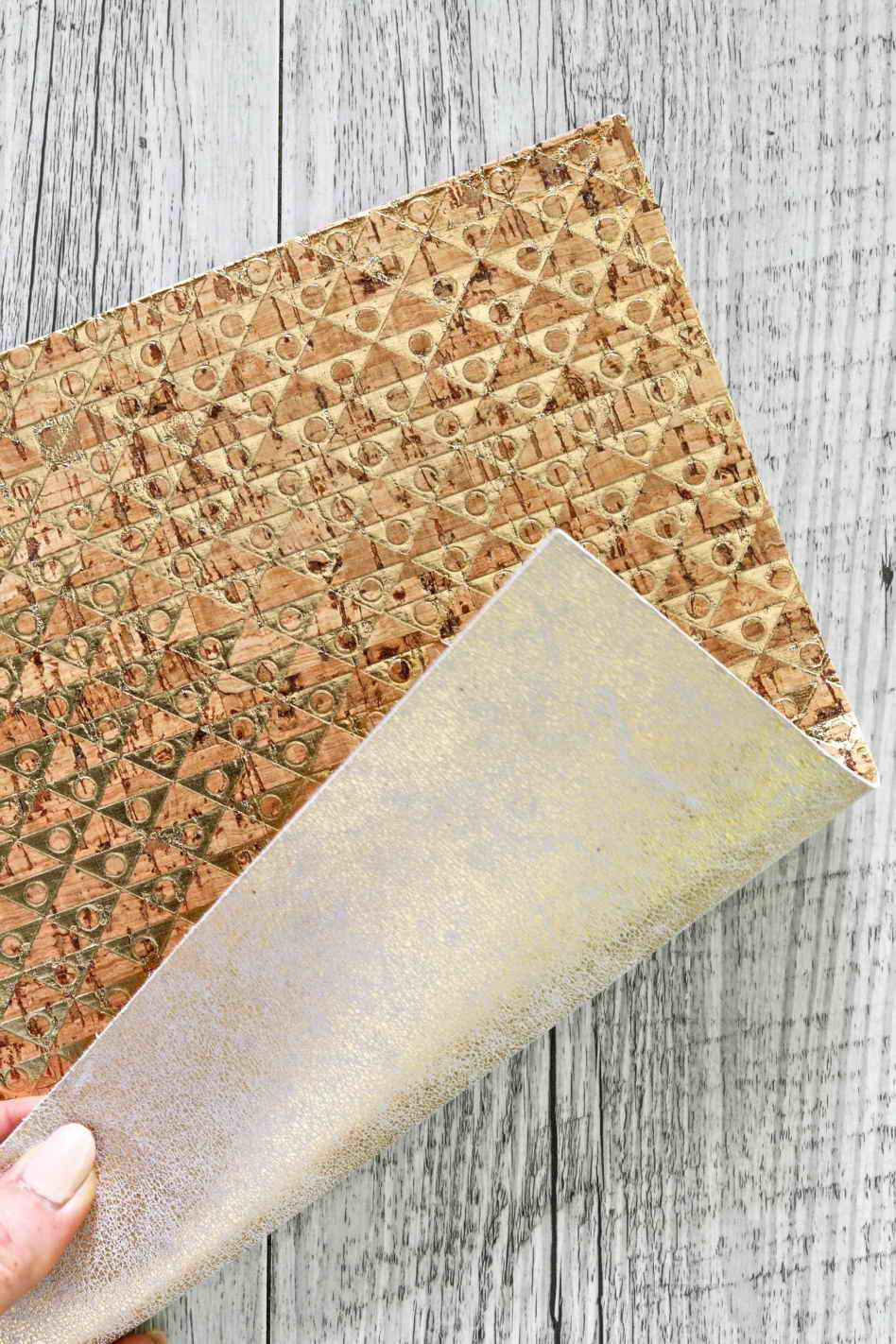 Leather backed cork sheets - gold geometric print - cork applied to gold  and white cowhide leather 6x4