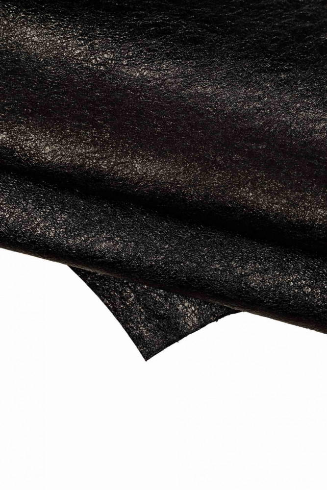 Pelle LAMINATA nero, pellame metallizzato effetto raggrinzito, capra lucida stropicciata morbida