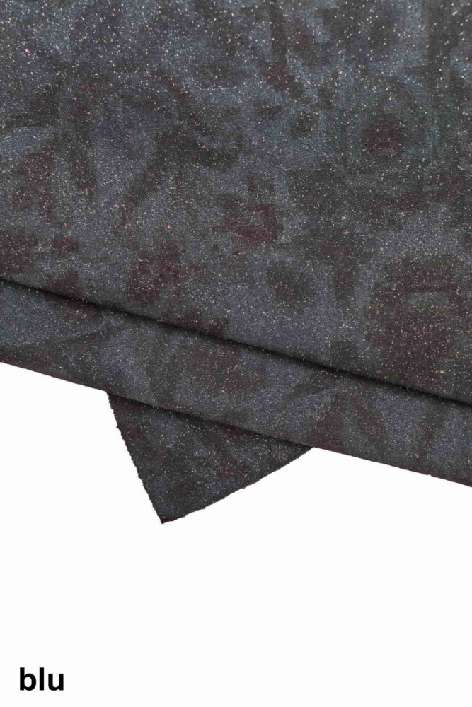 Metallic FLORAL textured cowhide, brown/blue/grey split calfskin with printed flowers and gold glitter, soft suede