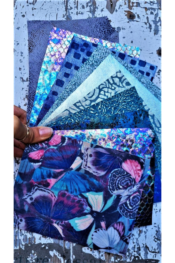 10 selected leather SCRAPS, BLUE tones, mix METALLIC, oleographic printed selection of leather cutoffs as per pictures