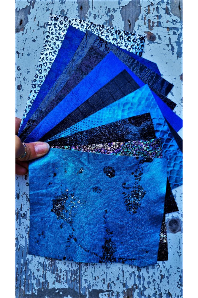 10 selected leather SCRAPS in BLUE tones, mix metallic, printed and oleographic selection of leather remnants as per pictures