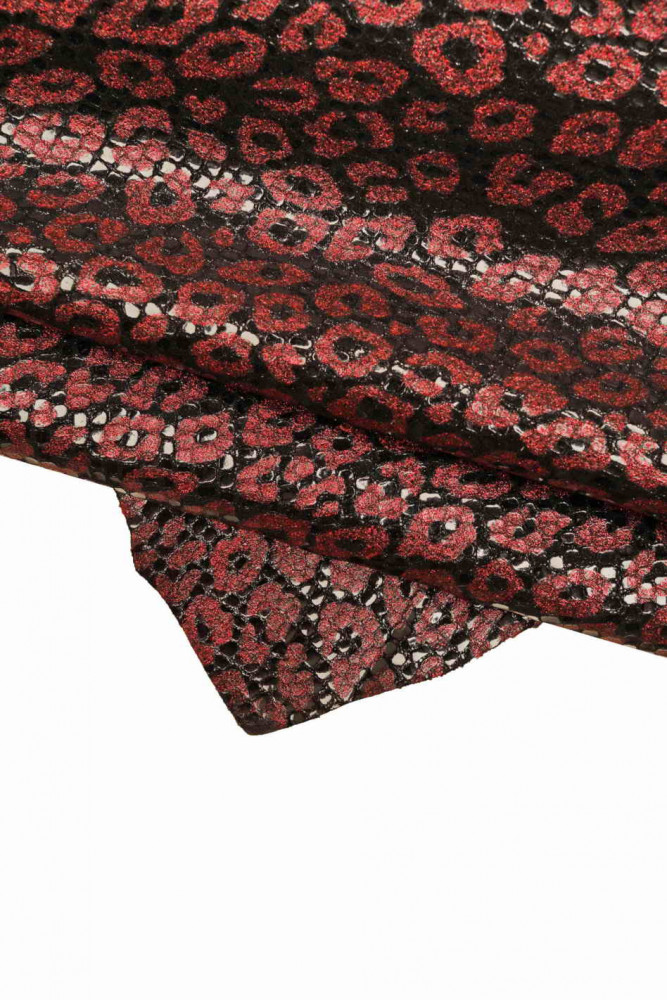 Pellame stampato LEOPARDO laminato, capra nera con disegno metallizzato rosso, pelle glitter stampa animalier morbida