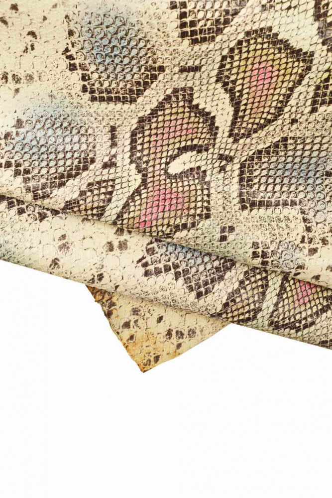 MULTICOLORED printed python goatskin leather - engraved reptile scale print  design - abstract textured snake hide