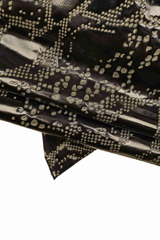 Black PYTHON printed leather skin, snake textured patent goatskin with gold glitter, glossy stiff reptil print hide