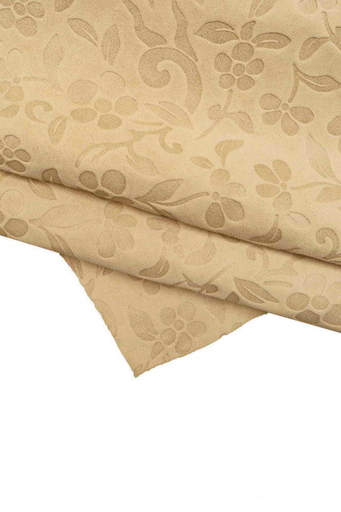 PELLE scamosciata BEIGE, pellame nabuk stampa floreale, vitello morbido con disegno a fiori