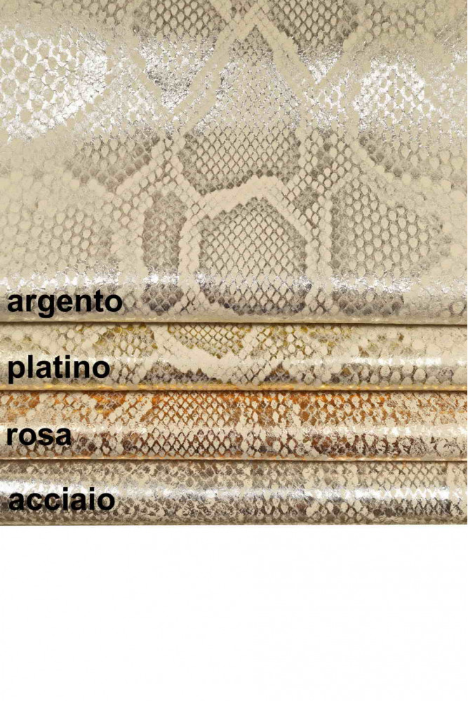 PELLAME laminato stampato PITONE, capra metallizzata con disegno serpente, pelle morbida luminosa con stampa animalier