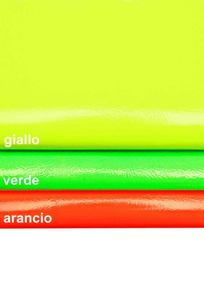 Pelle FLUORESCENTE lucida, pellame effetto vernice giallo, verde, arancio neon , capra stropicciata morbidezza media