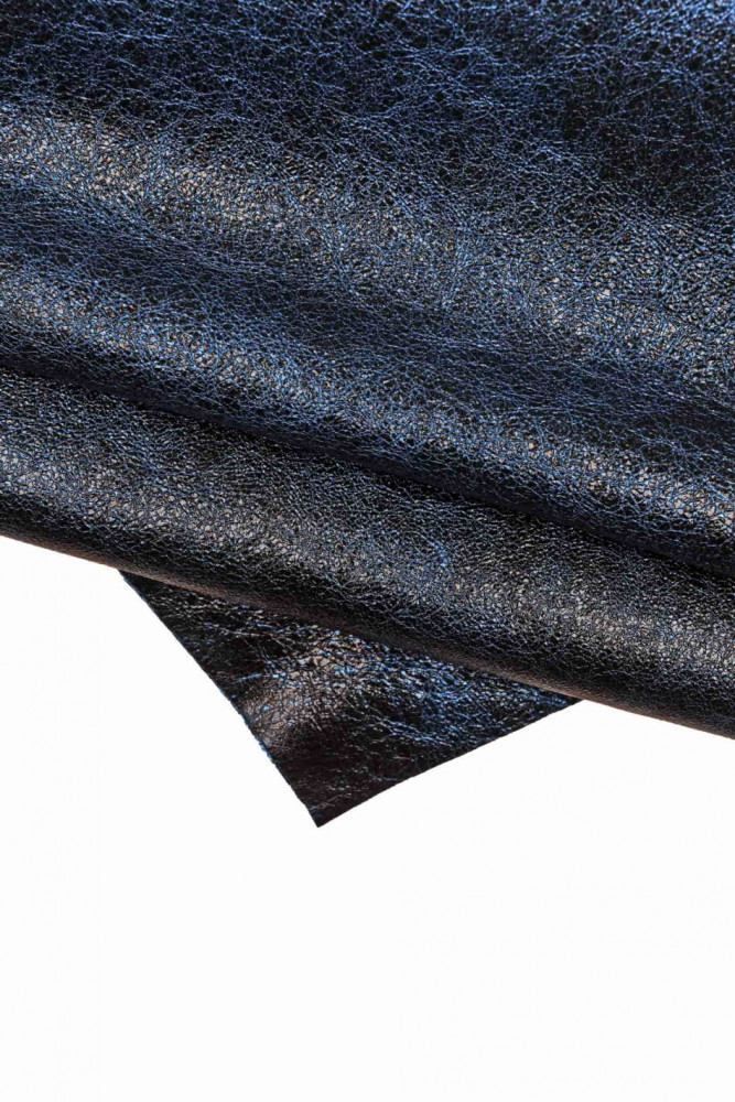 Pelle LAMINATA blu-nero, pellame nappa effetto stropicciato, agnello metallizzato morbido