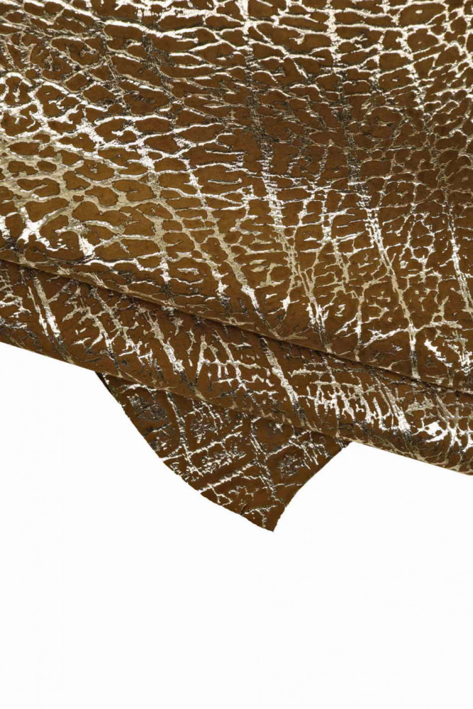 Pelle stampa ELEFANTE marrone e argento, capra scamosciata leggera motivo animalier, pellame metallizzato morbido