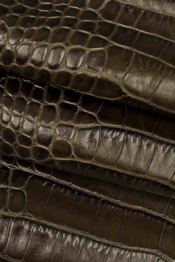 BROWN CROCODILE embossed cowhide, animal print glossy leather hide, croc  print on a slightly stiff calfskin