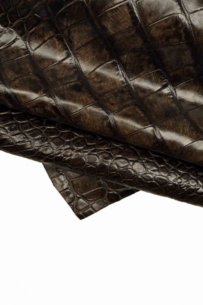 Dark GREY crocodile embossed leather hide, vintage effect, animal print cowhide, glossy stiff calfskin