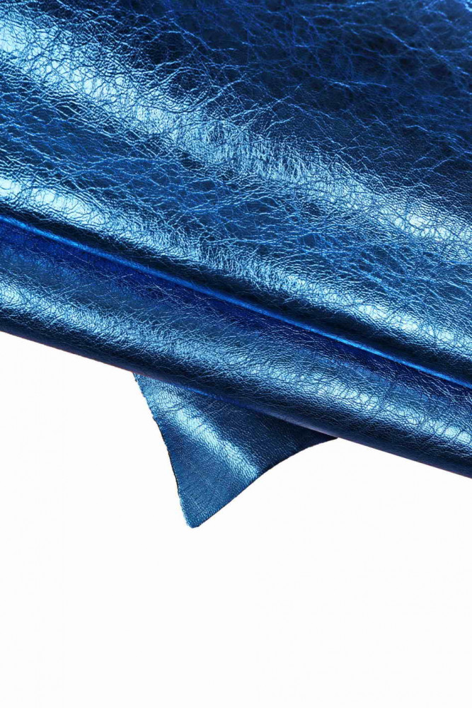 Pelle blu elettrico LAMINATA, pellame metallizzato stropicciato, capra morbida luminosa