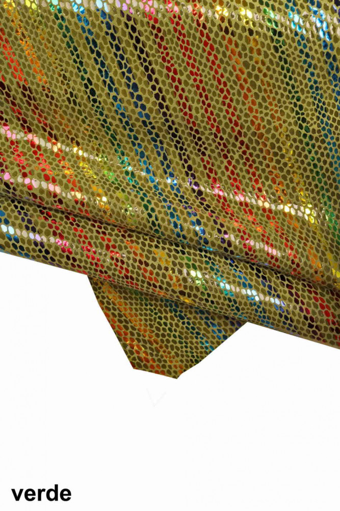 Multicolor STRIPES printed leather skin, green, yellow and orange snake texture and metallic soft suede goatskin