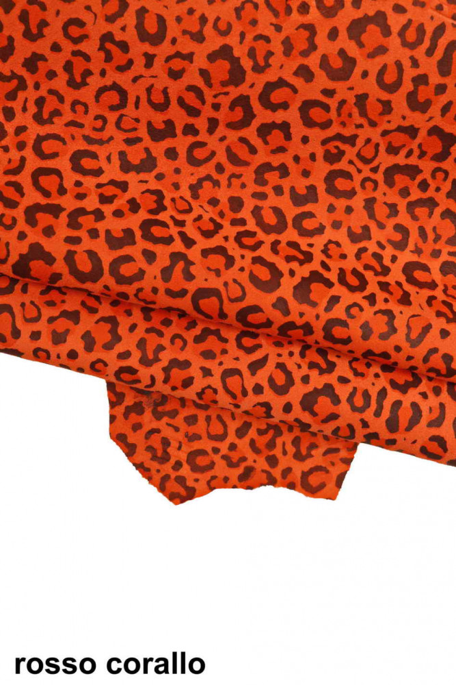 Pellame stampa LEOPARDO rosso, arancio, giallo, verde, pelle scamosciata disegno animalier, camoscio su capra morbido