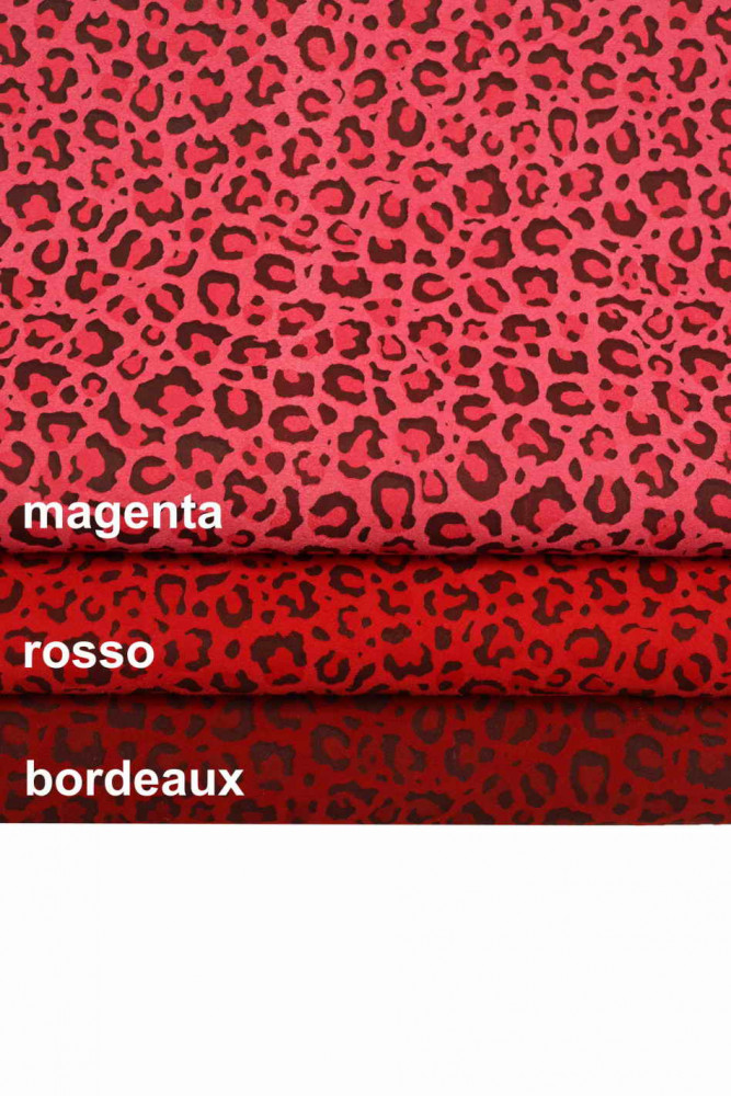 Pellame stampato LEOPARDO magenta, rosso, bordeaux, pelle scamosciata disegno animalier, camoscio su capra morbido