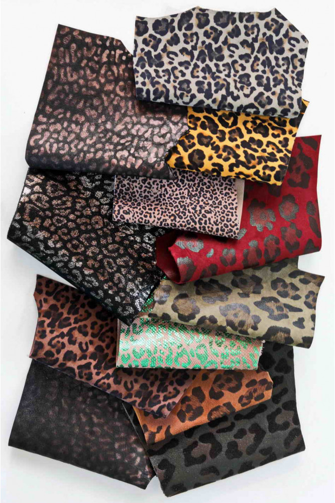 Sacchetto di ritagli di pelle miste, STAMPA LEOPARDO, lamine, fantasie e morbidezze varie   0,300 kg