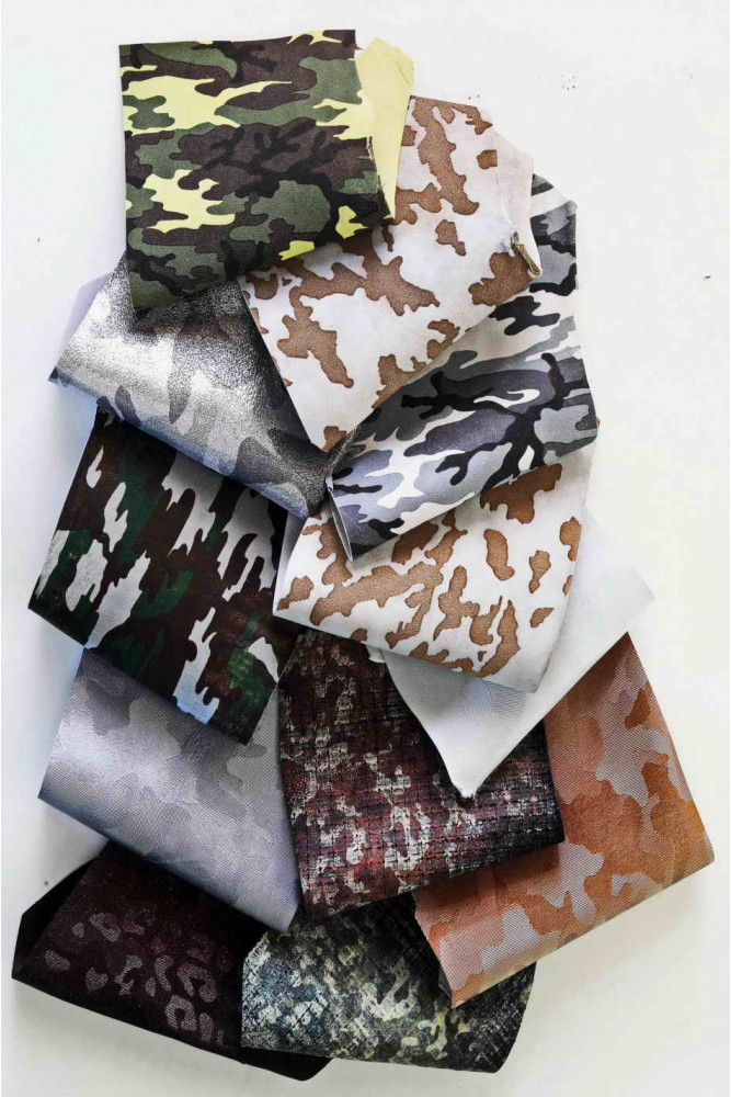 Sacchetto di ritagli di pelle miste, STAMPA CAMOUFLAGE, lamine, fantasie e morbidezze varie   0,300 kg