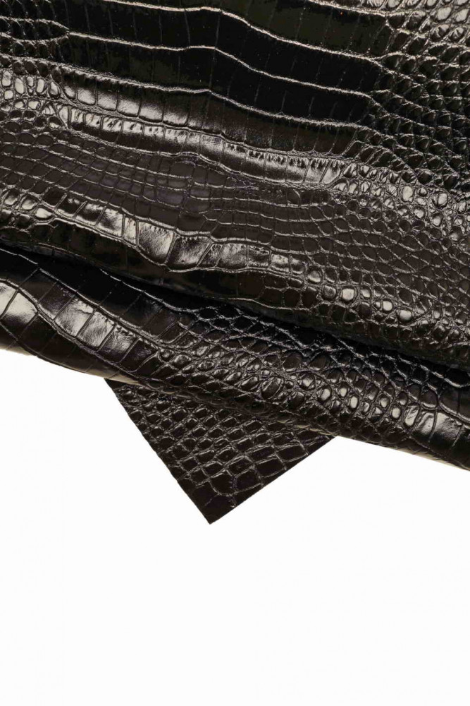 VITELLO nero stampato coccodrillo, pelle lucida nera disegno alligatore, pellame rigido stampa animalier