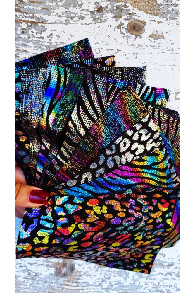 10 Selected leather scraps, HOLOGRAPHIC animal prints, mix colorful selection leather remnants as per pictures