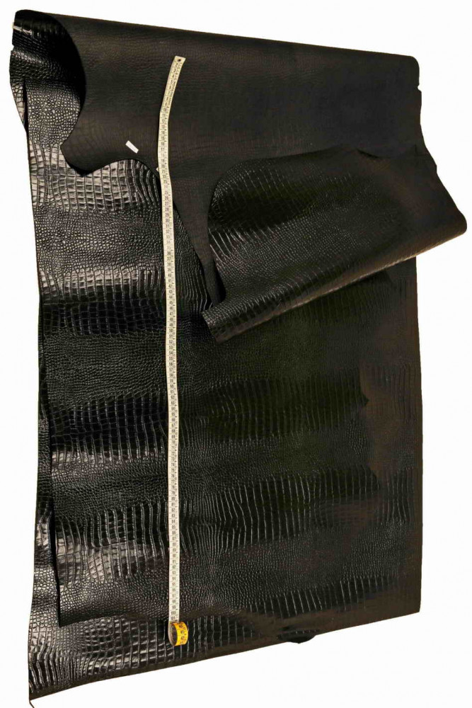 Black ANIMAL print leather hide, crocodile embossed calfskin, glossy  printed cowhide