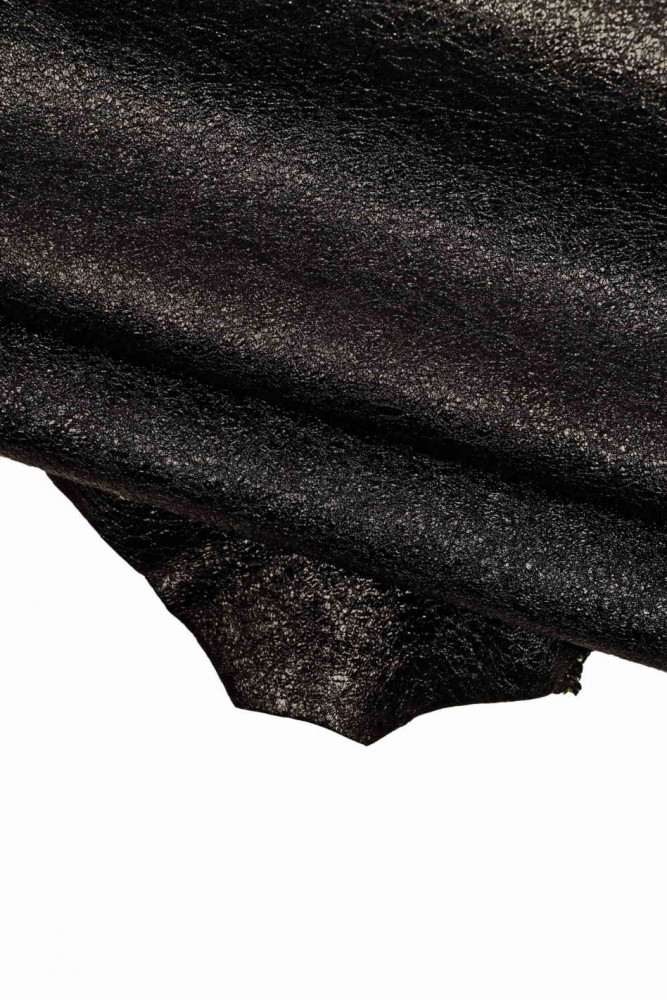 Pelle LAMINATA nera, pellame metallizzato nero effetto stropicciato, capra lucida morbida