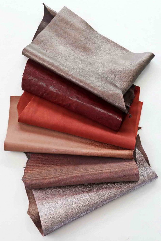 6 Selected leather scraps, warm tones, PINK, RED, mix colorful selection  leather remnants as per picture RT118