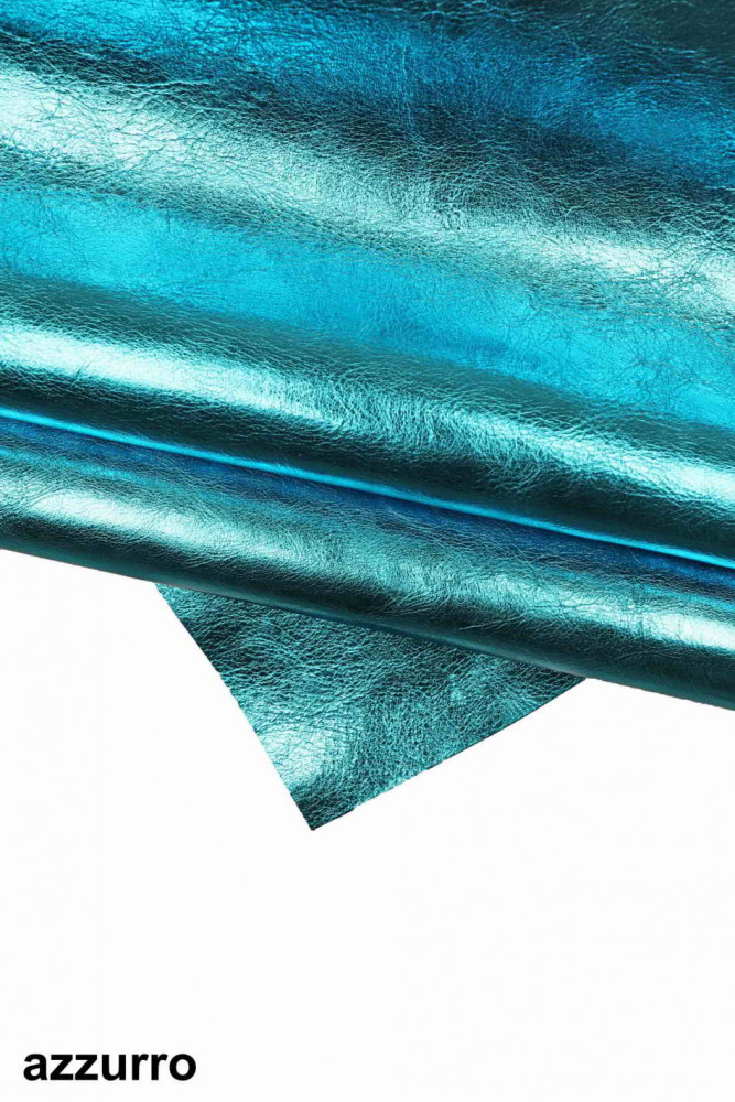 Fuchsia, light blue METALLIC leather hide, bright wrinkled cowhide, glossy calfskin, medium softness