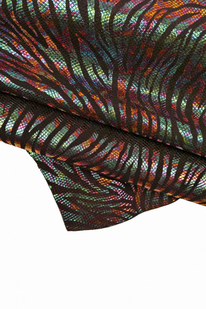 Zebra TEXTIRED metallic goatskin, holographic animal print leather skin, multicolor zebra pattern on soft black hide