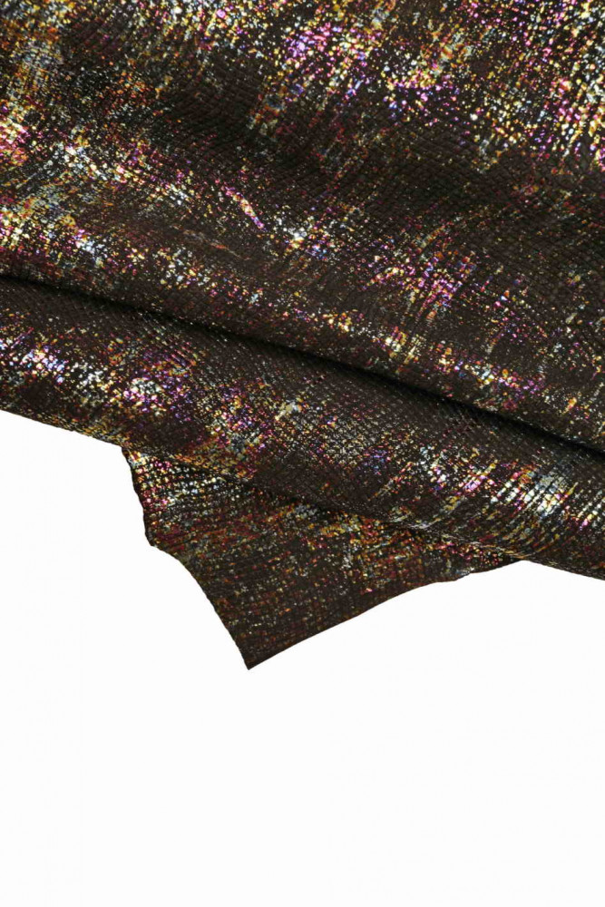 Pelle LAMINATA stampata, pellame oleografico nero con lamina multicolor, capra metallizzata morbida