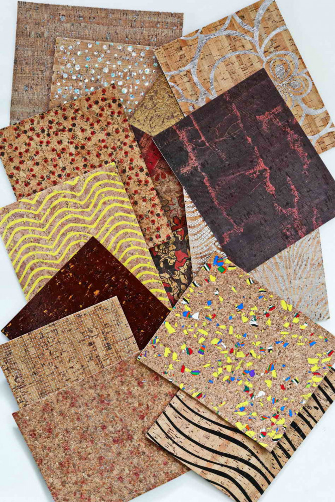 10 Natural CORK on LEATHER cowhide sheets backed cork multicolor print,  RANDOM selection, mix of printed and solid colors