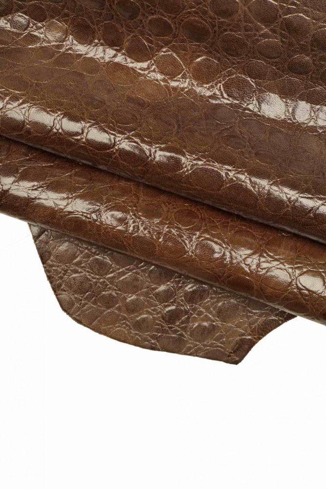 BROWN crocodile embossed leather skin, glossy croc printed goatskin, stiff hide with print