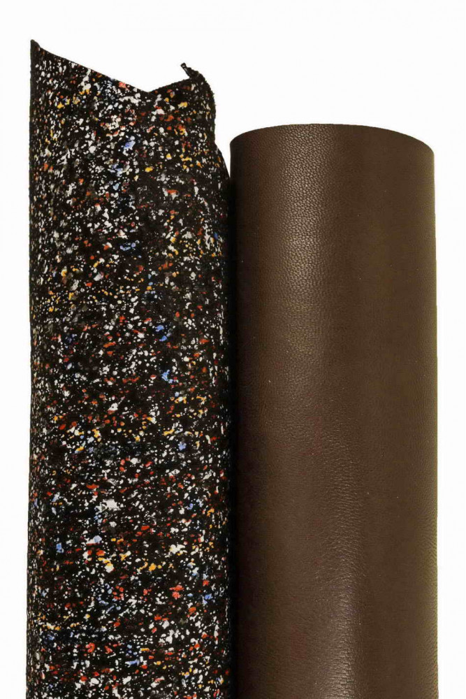 2 pelli assortite ABBINATE, mix di capretto scamosciato stampato multicolor e pellame di nappa marrone