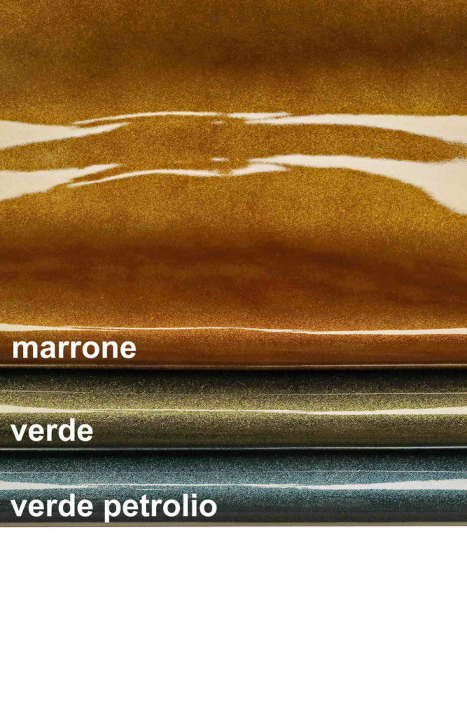 Pelle con GLITTER bronzo e verde, vitello verniciato metallizzato, pellame lucido rigido con brillantini