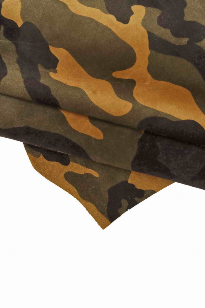 CAMOUFLAGE printed leather hide, dark green black tan textured suede calfskin, high quality soft suede cowhide