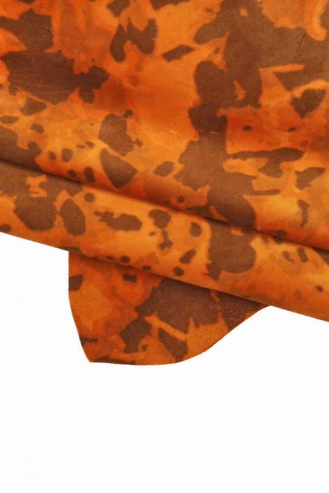 Orange brown CAMOUFLAGE printed leather hide, high quality textured suede baby calf, super soft suede cowhide