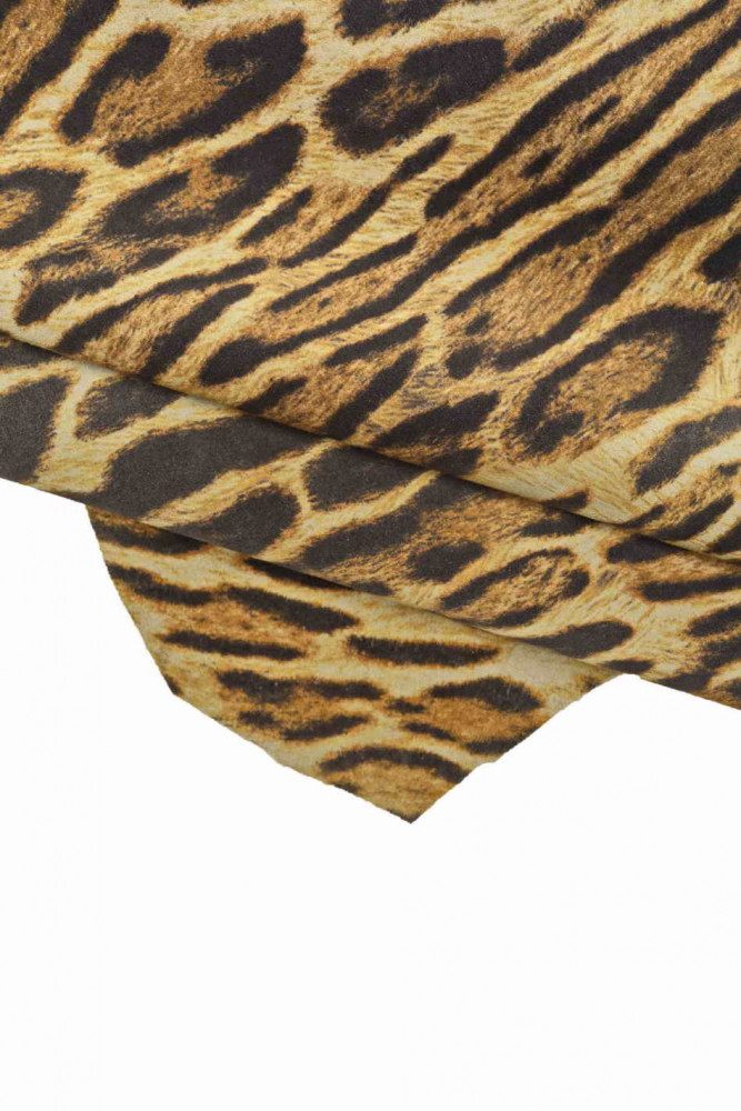 Leopard PRINTED leather hide, animal pattern on suede cowhide, beige brown black cheetah printed calfskin