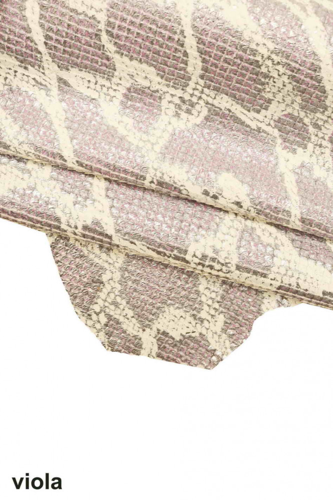 Purple steelmetal PYTHON pattern on leather skin, metallic reptile printed goatskin, snake textured on soft carved hide